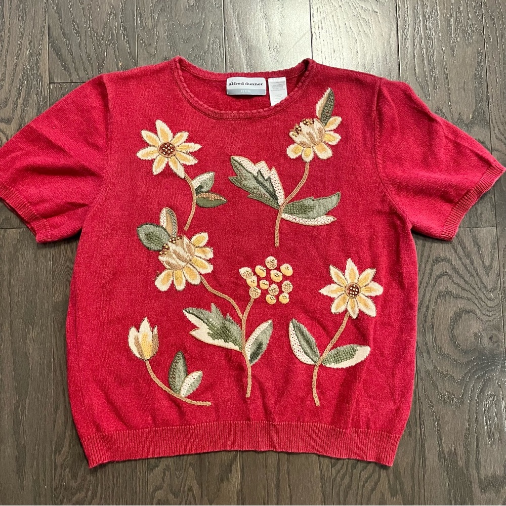 Alfred Dunner Embroidered Floral Sweater Burgundy whimsical boho vintage pretty